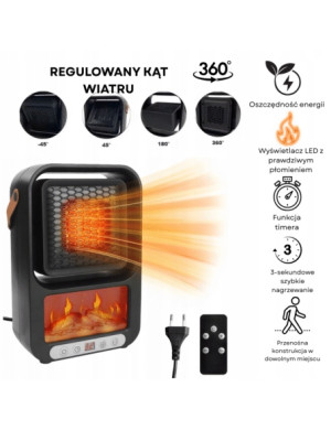 Przenośny grzejnik elektryczny z kominkiem LED| Pilot w zestawie