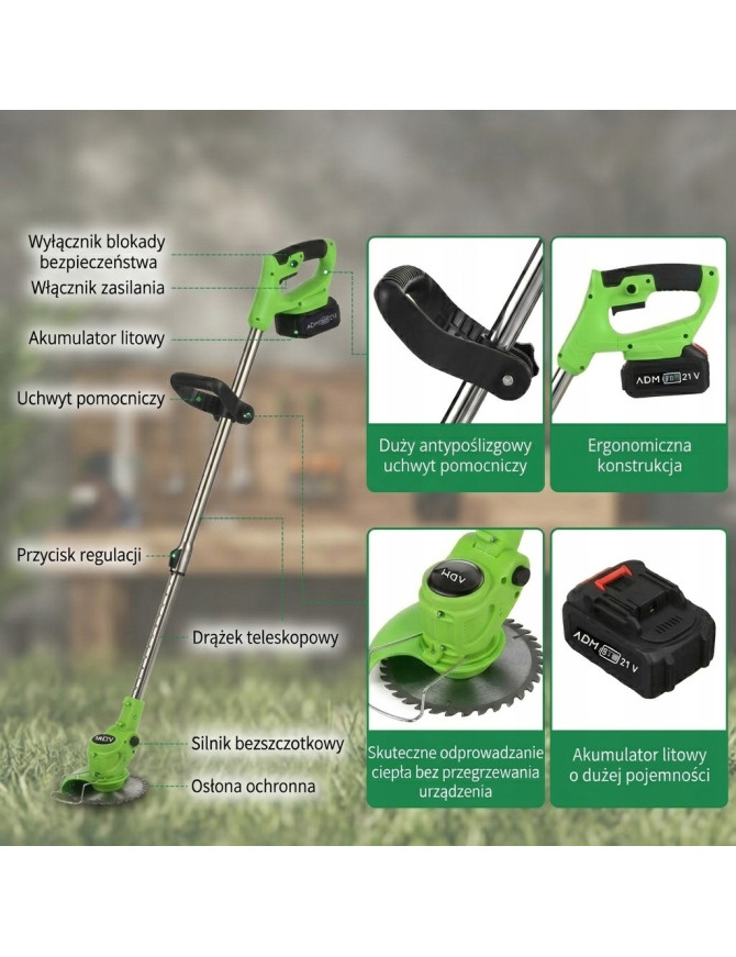 Kosiarka/ Podkaszarka Bezprzewodowa ADM do trawy 2x akumulatory 21V